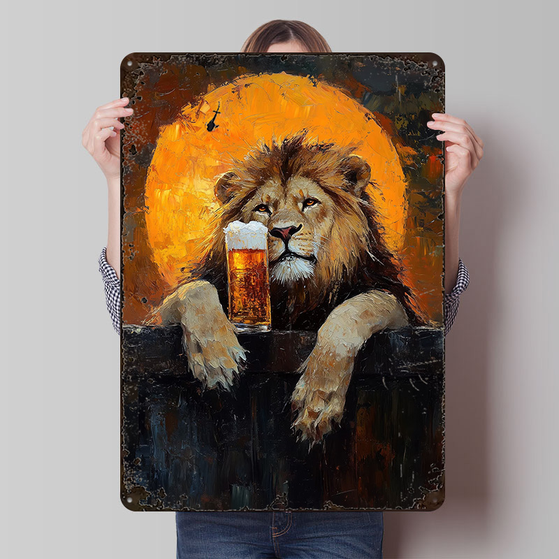 Retro Poster Gaming - Poster Singa Dengan Bir, Papan Logam